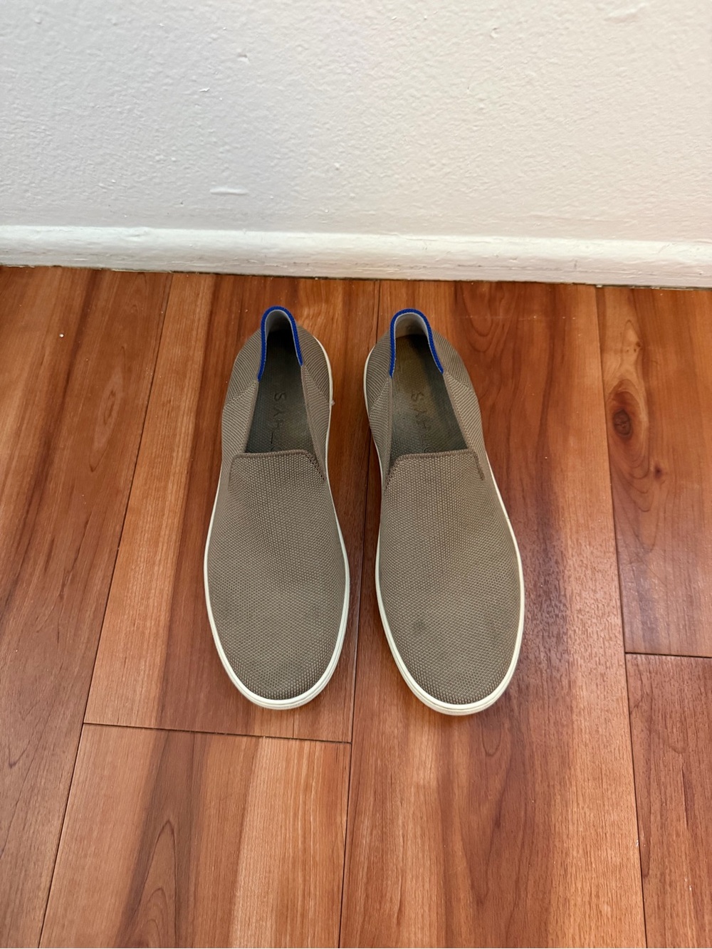 Rothy's Olive Knit Slip-On Loafers with Blue Heel Accent